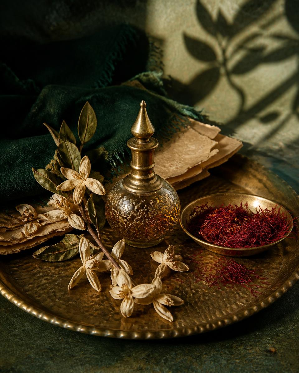 زجاجة عطر نحاسية وزعفران على صينية مغربية