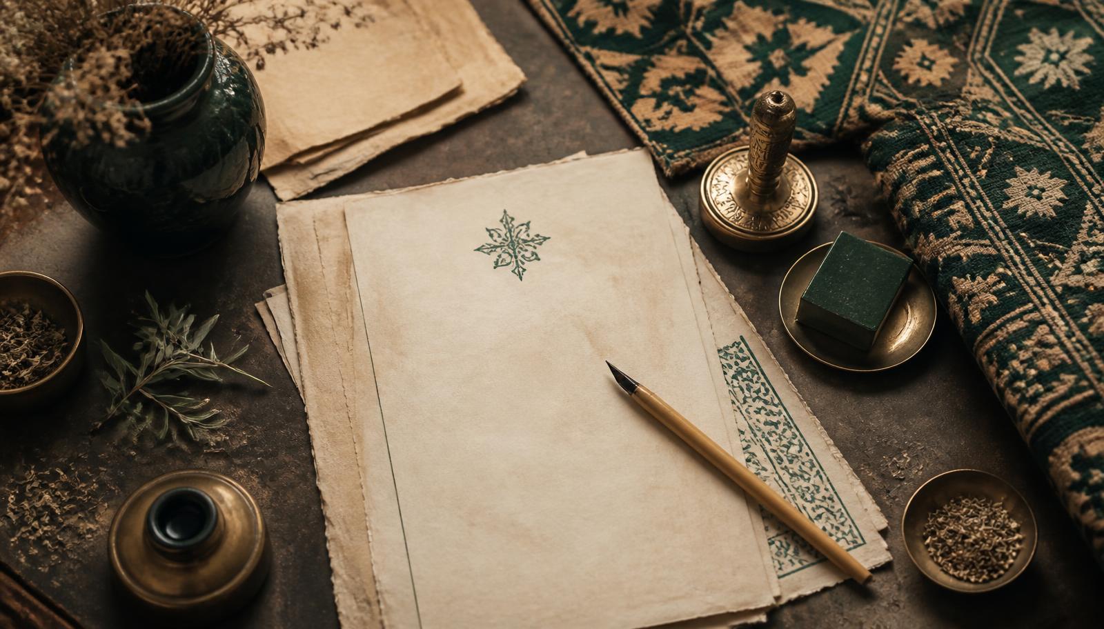 مكتب حِرفي مغربي بأوراق قديمة وقلم وحبر