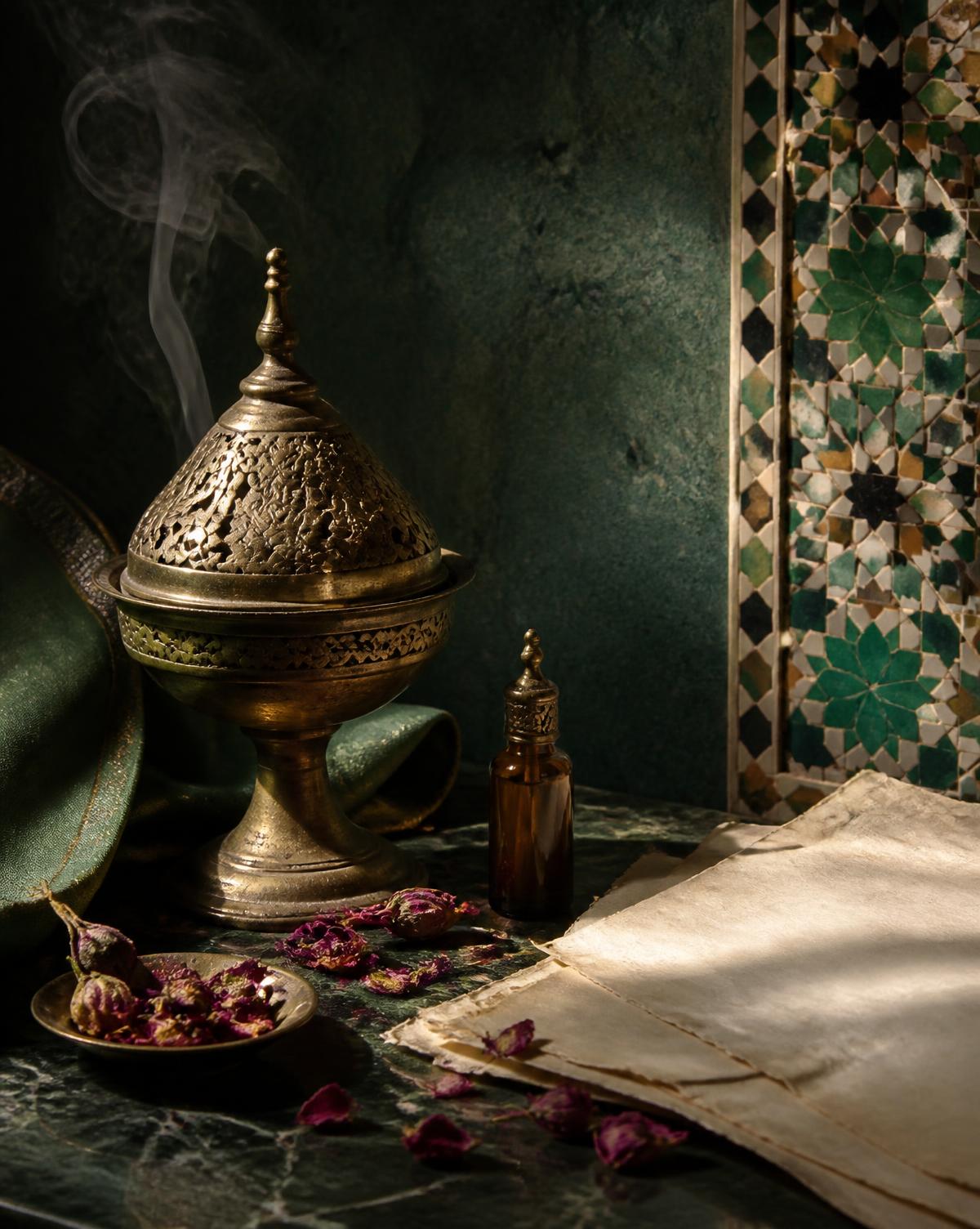 مبخرة نحاسية مغربية ومخطوطات على رخام أخضر