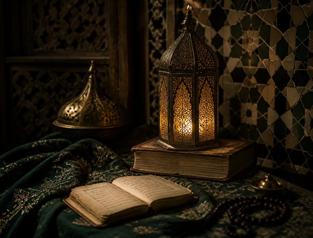 فانوس نحاسي مضاء فوق مخطوطات مغربية